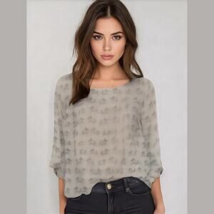 Pixley Gray Elephant Detail Sheer Lightweight Cute Novelty Blouse Top Women Sz S